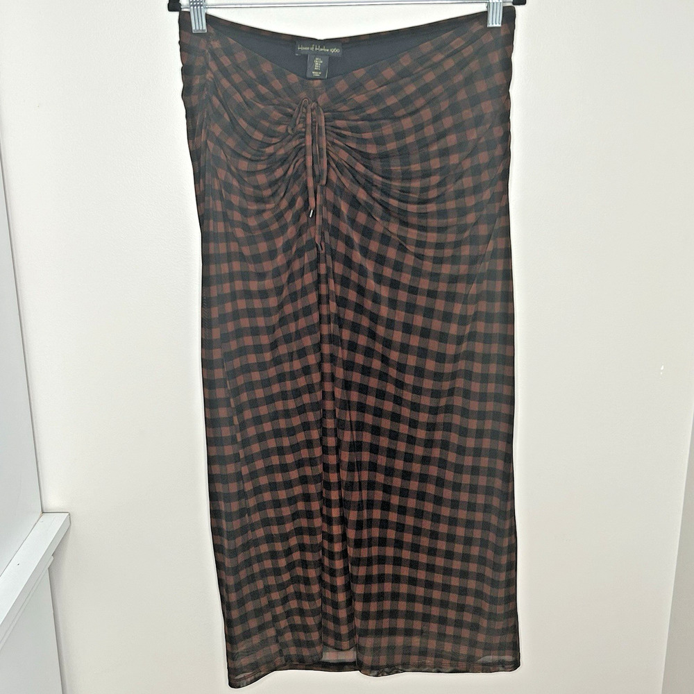 House Of Harlow Midi Skirt Blouse Outfit L Black Check Stretch Shirred 2 Piece - Picture 4 of 15